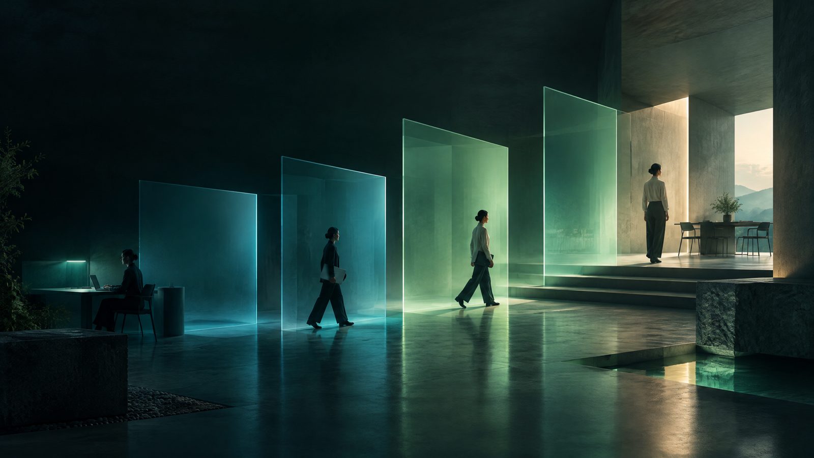 A deep teal architectural corridor with luminous geometric thresholds receding into a calm dark space.