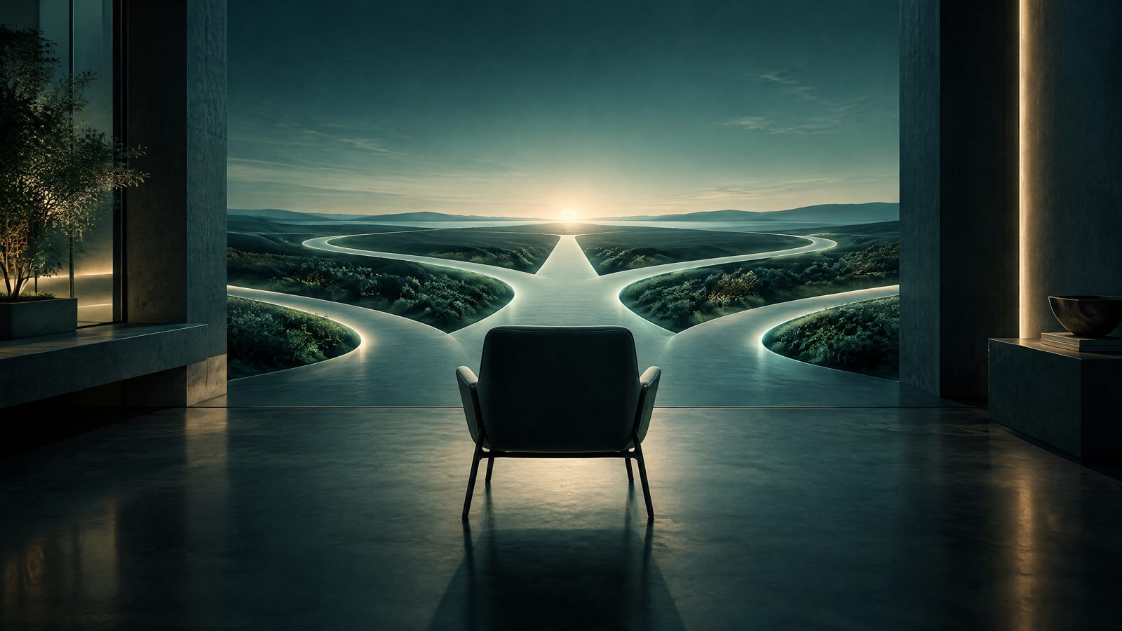 A dark teal architectural workspace with a single chair facing softly illuminated branching pathways.