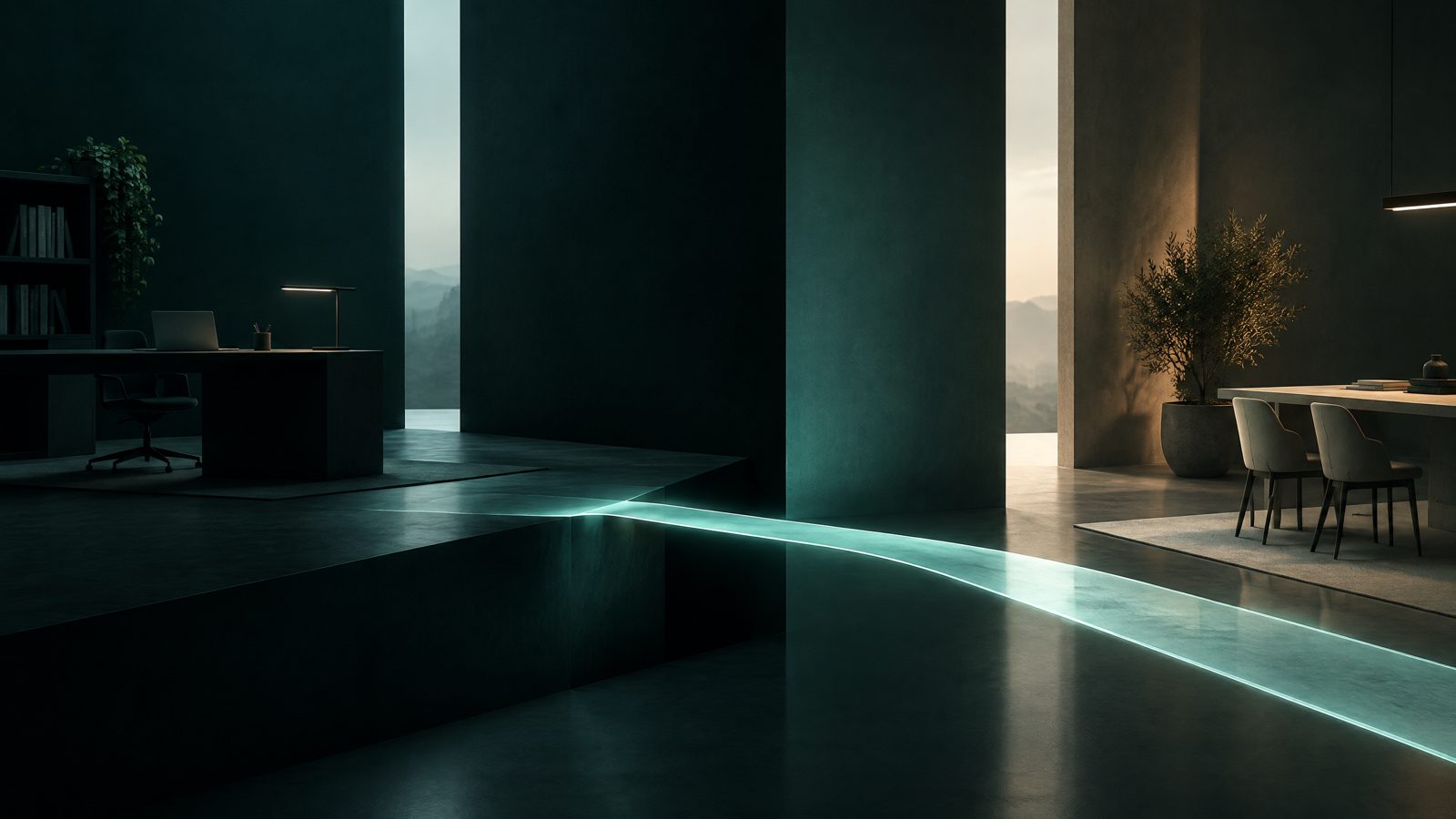 A calm, abstract deep-teal workspace with a single illuminated path between two architectural planes.